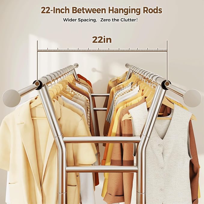 HYSEYY Heavy Duty Clothes Rack, Rolling Clothing Rack for Hanging Clothes with Shelves Load 700LBS,Portable Garment Wardrobe Closet Rack with Wheels for Bedroom,Laundry Room,Retail Store,Silver