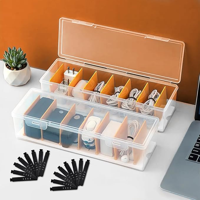 Charger Organizer, Cable Cord Organizer Box (2PCS) - Adjustable Dividers, 16 Cable Ties, Clear Charger Storage Box for Cable, Phone, Drawer Organization