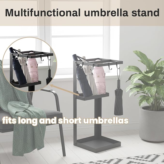 Umbrella Stand, Metal Umbrella Stand Indoor, 20 Inch Umbrella Holder for Entryway, Shelf for use with Small Umbrellas and Bottom Drip Tray for use with
