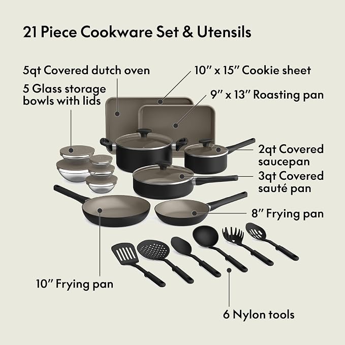 bella 21 Piece Kitchen Set with EverGood™ Ceramic Nonstick Coating, Dishwasher & Oven Safe, All Stovetops Compatible, Tempered Glass Lids & Cool Touch Handles, Black