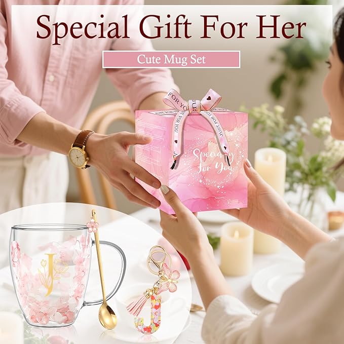 Gifts for Women Stocking Stuffers for women Flower Double Wall Glass Coffee Mug Initial Tea cup Monogrammed Customized Birthday Valentine Wedding Christmas Gift for Mom Wife Friends Sister Birde (J)