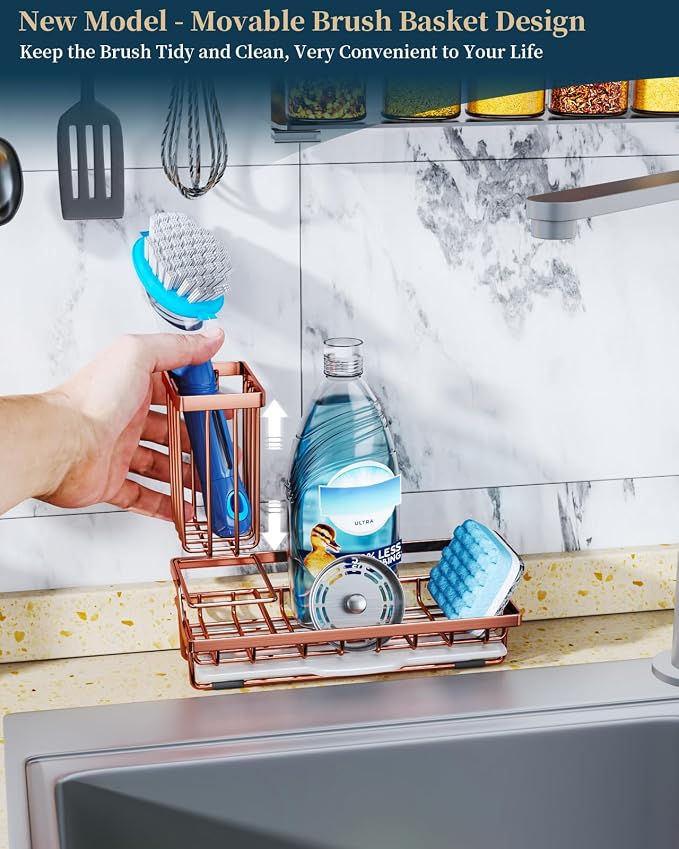 Consumest Sponge Holder for Kitchen Sink - Sink Caddy Kitchen Organizer with Removable Drip Tray for Countertop Dish Soap Dispenser Brush Storage Accessories 304 Stainless Steel, Rose Gold