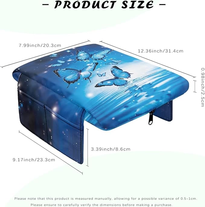 Dreaweet Car Armrest Cover Blue Butterfly Car Accessories Thick Center Console Cover Pad Universal Arm Rest Cover for Car Console Covers with Pockets for Truck Sedan SUV