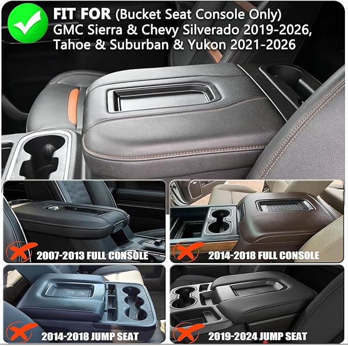 Center Console Cover Fit with Silverado Sierra 2019-2025, Leather Arm Rest Armrest Cover for Car, Middle Console Cover Lid, Car Arm Rest Covers Cushion Pad, Car Black Accessories