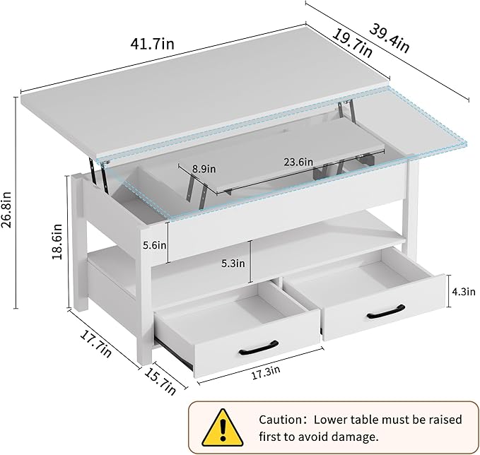 42'' Lift Top Coffee Table, 4-in-1 Multifunctional Lift Coffee Table with Storage & Hidden Compartments, Farmhouse Coffe Table with Lifting top for Living Room, Dining Reception Room, White