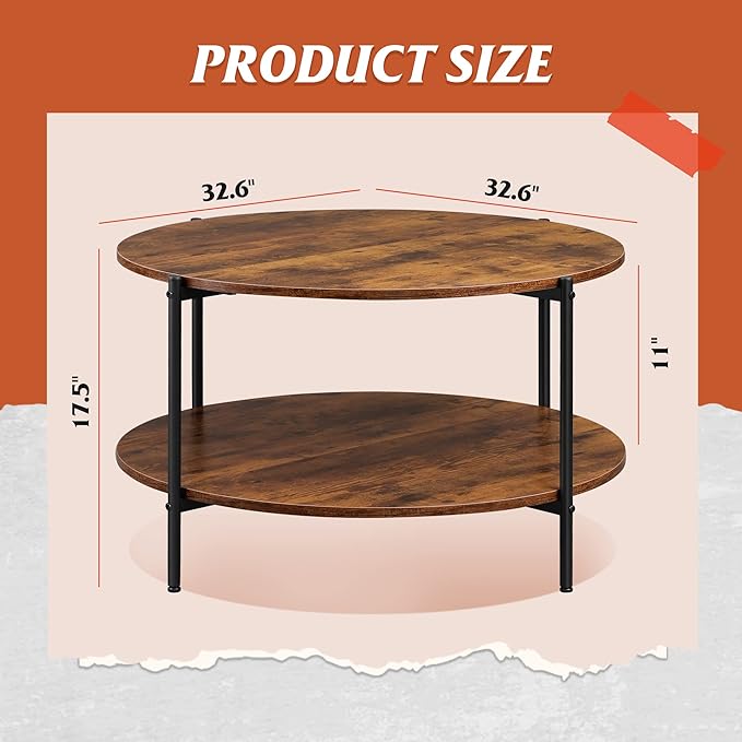 WLIVE Round Coffee Table, 32.6" Small Coffee Table with Storage Shelf, 2-Tier Circle Wood Center Table for Living Room, Apartment, Rustic Brown