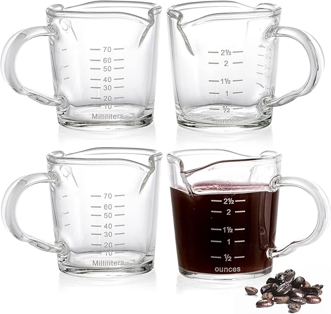Hacaroa 4 Pack Double Spouts Measuring Cups Espresso Shot Glass with Handle, 2.5 Oz Mini Milk Triple Pitcher Barista Clear Graduated Cups for Coffee, Wine, Bar, Party