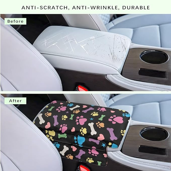 Dreaweet Colorful Dog Paw Center Console Cover for Car Thick Arm Rest Cover Pad Cute Car Armrest Cushion with Pockets Scratch Proof Universal Fit for SUV Sedan Truck