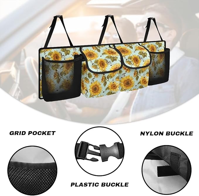 Dreaweet Sunflower Print Car Trunk Organizers for Women Collapsible Backseat Hanging Organizer Large Storage with 4 Pockets Waterproof Cargo Storage Bag for SUV Trucks
