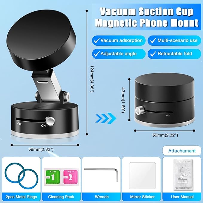 Magnetic Vacuum Suction Holder, Double-Sided Phone Holder with Suction Cup for Car/Mirror/Smooth Surface, Foldable and Retractable, Universal, Car Phone Mount.