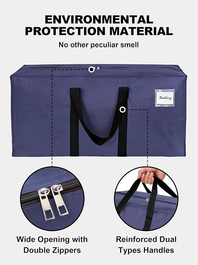 HOMESURE Supports 200lbs Heavy Duty Moving Bags - Strong Zipper & Wrap-Around Handles - Water-Resistant Storage Totes, Durable Alternative to Moving Boxes - 4 Pack - Blue