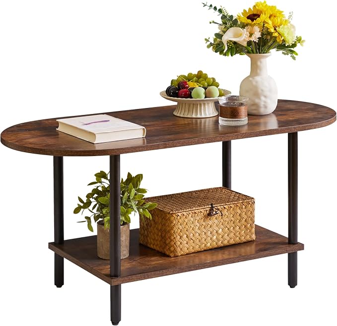 Aibiju Rustic Coffee Table Small Coffee Table, TV Centre Table Stand 35 * 16 * 17", 2-Tier Oval Wood Tea Table for Living Room Apartment Rustic Brown YD-012H