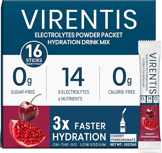 16 Sticks Electrolytes Powder Packets Sugar Free Hydration Packets Liquid Daily IV Electrolyte Drink Mix for Rehydration with 8 Electrolytes & 6 Vitamins, Low Sodium, Cherry Pomegranate