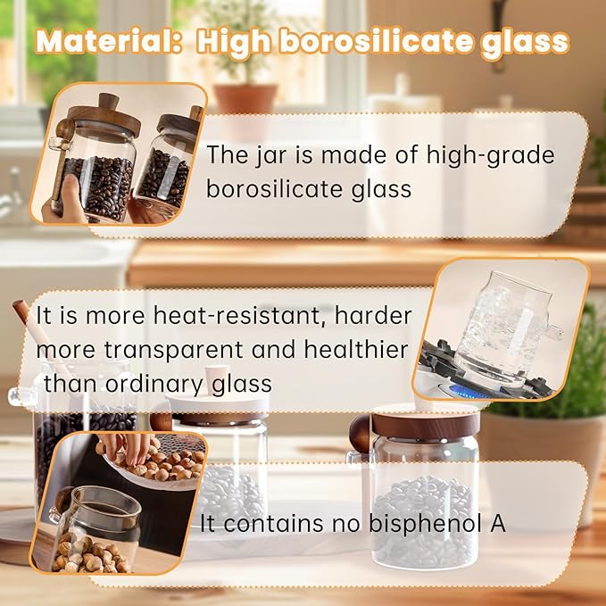Glass Coffee Bean Storage Container, Wood Lid with Spoon, Airtight Silicone Seal, BPA-Free (700ML/23.67OZ)
