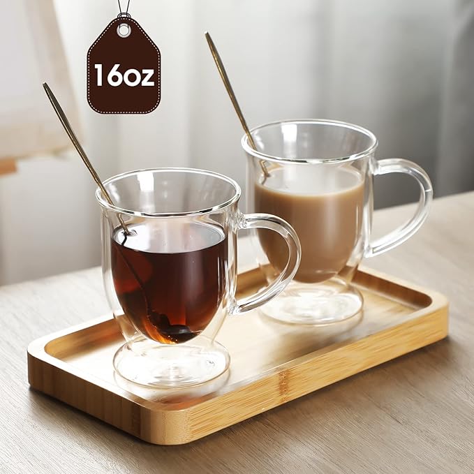 Gejoy 6 Sets Double Wall Glass Coffee Mugs with Spoon Insulated Clear Coffee Mug with Handle Borosilicate Glass Coffee Cups Latte Cup for Cappuccino, Tea, Latte, Espresso, Hot Beverage(16 OZ)