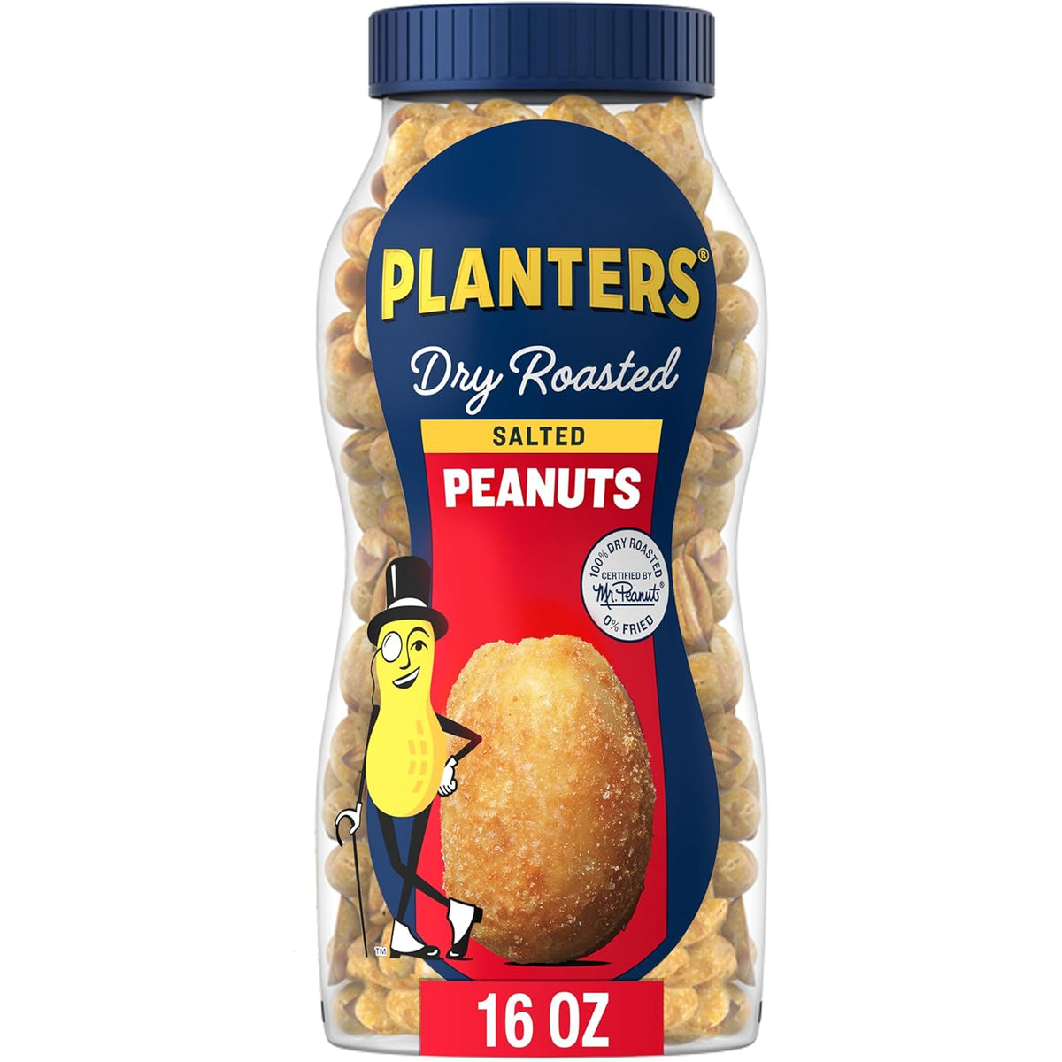 Planters salted peanuts, 16oz dry roasted party snacks with plant-based protein, 1 jar