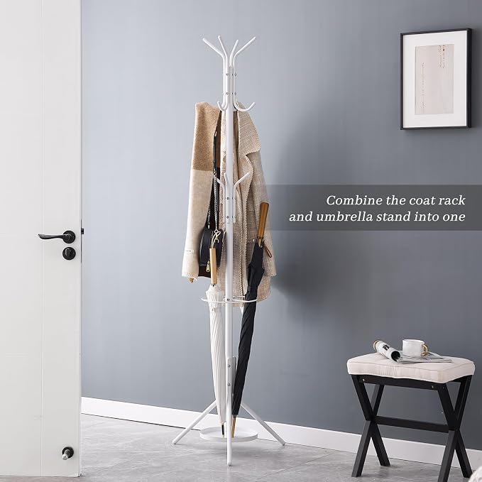 Kitsanery Coat Rack Freestanding,Metal Coat Tree with Umbrella Holder,Hat and Coat Rack Stand for Entryway, Hallway, Living Room, Bedroom (White)