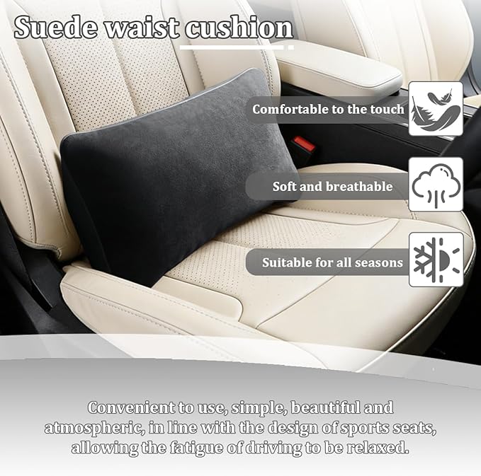 Car Lumbar Support Pillow, Suede Leather Vehicle Driving Seat Lumbar Support Pillow for Lower Back Pain Relief, Auto Interior Back Cushion Pad, Universal for SUV Sedan Truck (Carbon Black)