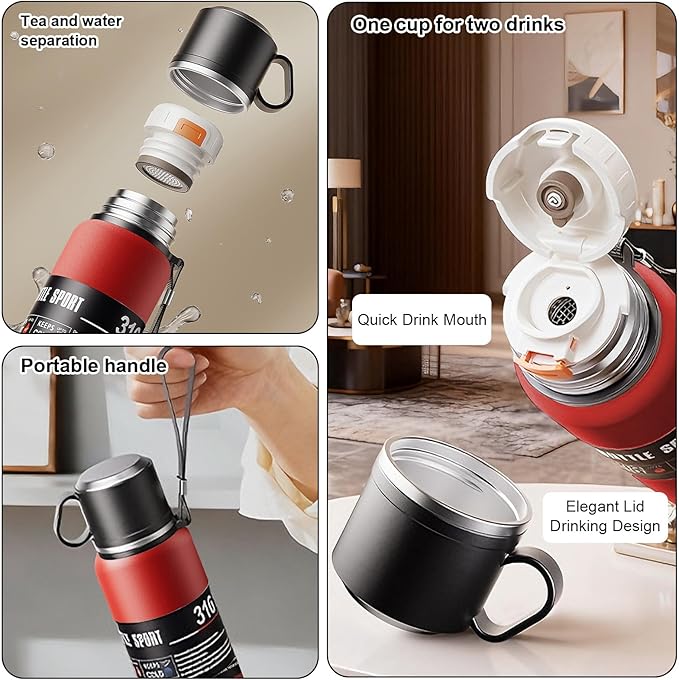Double wall vacuum Leakproof stainless steel wide mouth insulated water bottle;tea tumbler with tea strainer infuser basket,cup and lid; travel coffee thermoses hot drinks;portable cold thermal flask