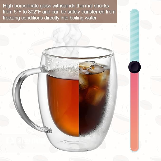 4 Pack Double Wall Glass Coffee Mugs 12 Oz Clear Coffee Mugs with Handle Insulated Cups Glass Mug Heat Resistant Tea Cups for Tea Bag Hot Cold Drink