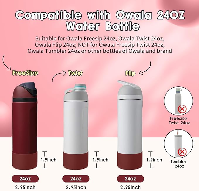 2PCS Silicone Water Bottle Boot, Compatible with Owala 24oz 32oz 40oz, Protective Anti-Scratch & Anti-Dent No Noise Sleeve Cover for FreeSip/Twist/Flip Water Bottles (Burgundy Bay, 24oz)