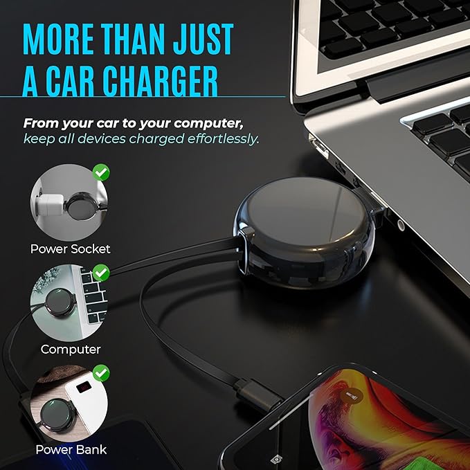 2-in-1 Retractable Charger for Car iPhone and Android, Wall Outlet or PC | Modern Car Charger Retractable Cord | 15W Fast Charging | Does not Work with CarPlay
