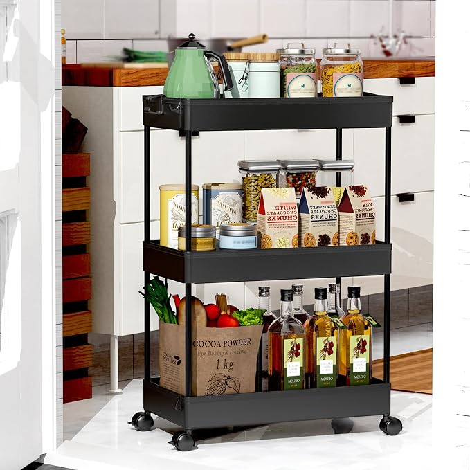 SPACEKEEPER Rolling Storage Cart 3 Tier Bathroom Cart Organizers with Wheels Laundry Room Organization Mobile Shelving Unit Utility Cart Storage Shelves Multi-Functional for Office, Home, Black