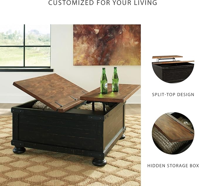 Signature Design by Ashley Valebeck Lift Top Coffee Table, Storage, Split-top Design, Wood, 36" W x 36" D x 18" H, 2-tone Distressed Brown & Black Finish
