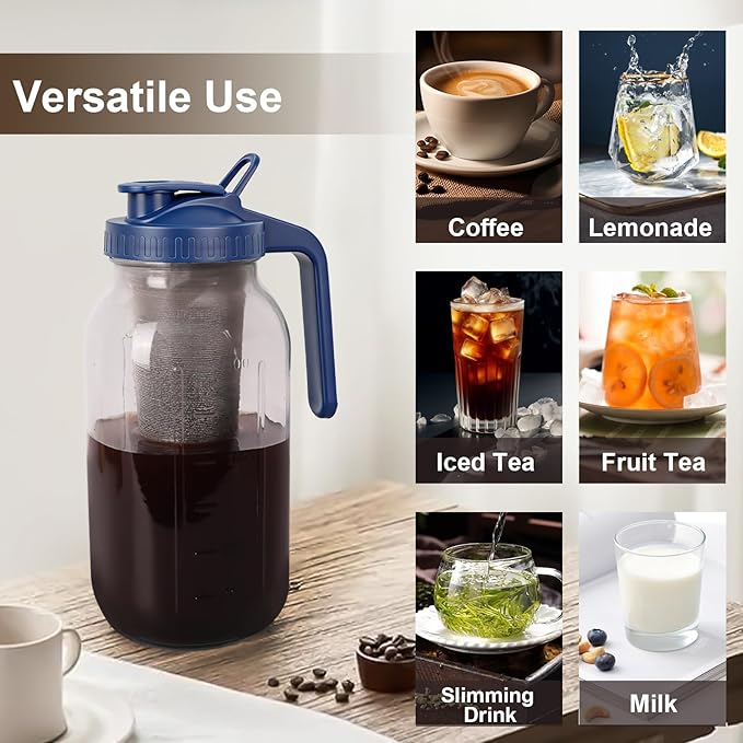 Cold Brew Coffee Maker - 64 Oz Heavy-Duty Glass Mason Jar Pitcher with Stainless Steel Filter, Leak-Proof Lid, Ergonomic Handle & Precision Pour Spout – Ideal for Iced Coffee, Tea, Cold Brew (Blue)