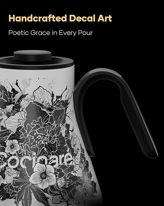 Cocinare Artisan Collection Blossom Gooseneck Electric Kettle, ±1℉ Precise Temperature Control for Pour-Over Coffee & Tea, Quick Heating 1500W, Stainless Steel Interior, 0.9L