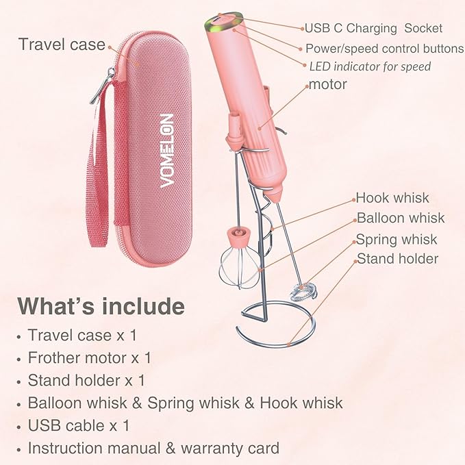 Milk Frother Handheld with 3 Stainless Steel Whisks, Rechargeable Electric Drink Mixer with Stand & Travel Case, Milk Foamer for Coffee, Latte, Cappuccino, Hot Chocolate, Egg,Jam Supplement-Pink