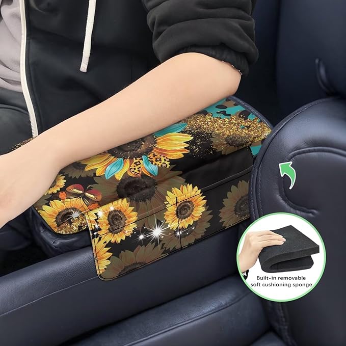 Wanyint Sunflower Leopard Print Blue Car Center Console Cover Comfortable Armrest Seat Box Pad with Organizer Pockets Anti-Scratch Arm Rest Pad Suitable for Most Cars, Vehicles, SUVs