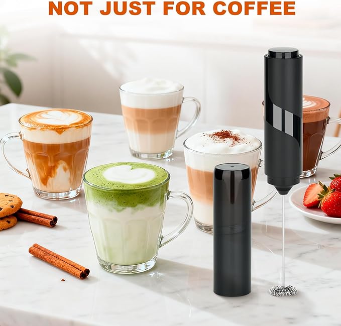 Handheld Milk Frother, Battery Operated Electric Foam Maker, Milk Frother Wand Drink Mixer with Stainless Steel Whisk for Coffee, Matcha, Lattes, Cappuccino (Black with cover)