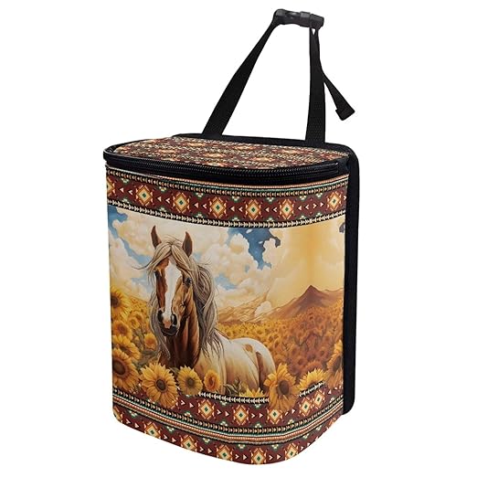 DISNIMO Western Horse Car Trash Can Bin with Lid Sunflower Car Garbage Can Leakproof Mini Car Accessories Trash Bin Car Dustbin Organizer Container for Car Office Home