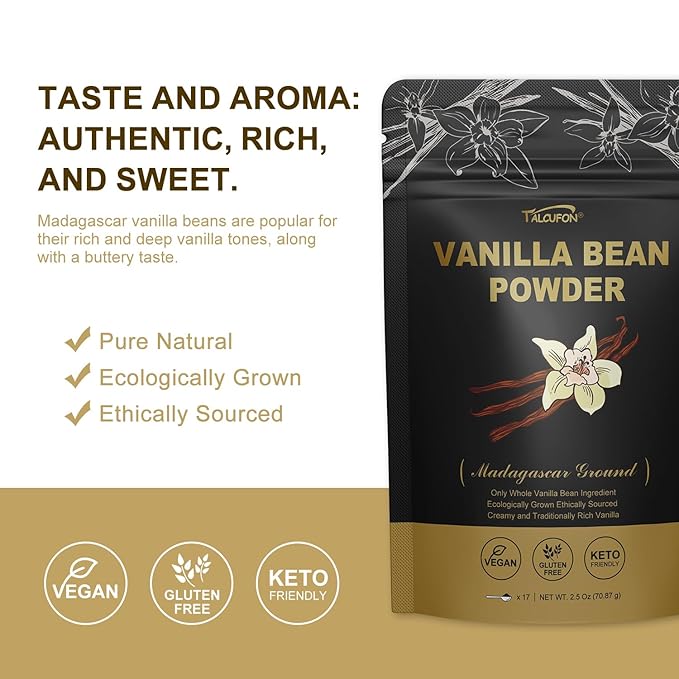 TALCUFON Madagascar Ground Vanilla Bean Powder, 100% Ground Vanilla Beans, No Fillers and Additives, Gluten Free, Non-GMO Great for Coffee, Baking, Shakes 2.5 Oz