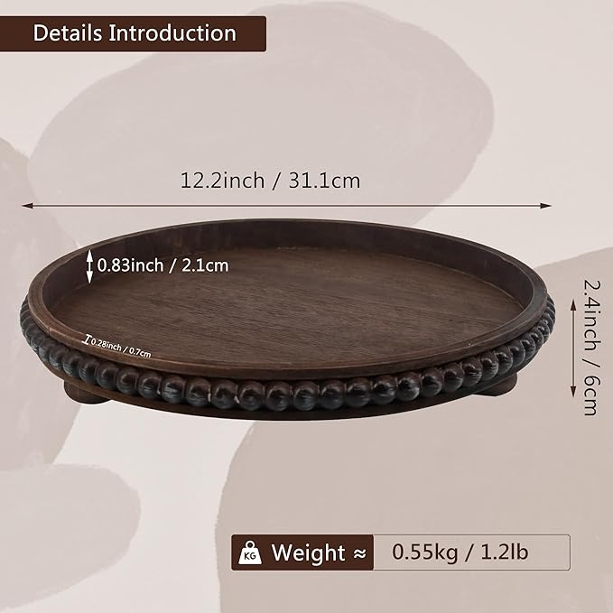 Wooden Serving Tray: 12in Brown Round Wood Butler Decorative Tray Candle Holder Trays Centerpiece Farmhouse Ottoman Tray for Decor Countertop Home Decor Accessories for Coffee Table