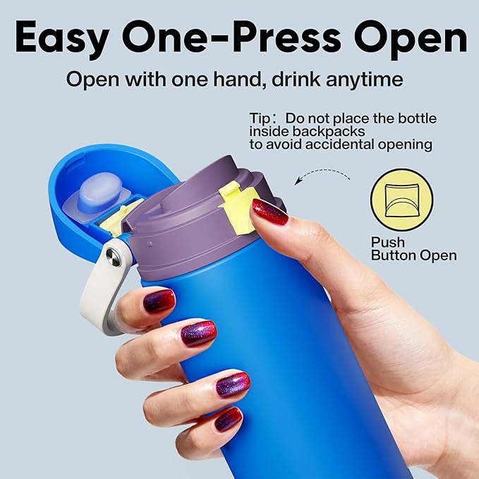Insulated Water Bottle with Straw - Encool Stainless Steel Water Bottle with Push Button Lid, Leak-Proof & BPA-Free, Keeps Cold for 24 Hours for Sports, Travel, Gym (24 oz, Sapphire)