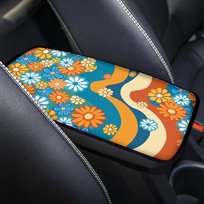 Hippy Floral 70s Car Armrest Cover Pad for Women Breathable Soft Center Console Arm Rest Protector Cover Universal SUV Vehicle 70s Car Accessories