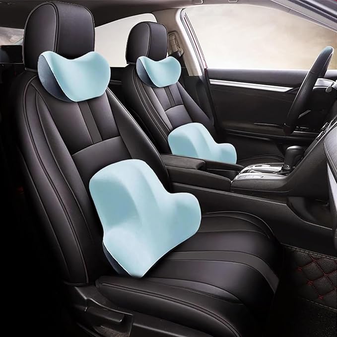 Car Headrest & Lumbar Support Cushion for Ford F-350 SuperCrew 2009-2024, Ergonomic Memory Foam Seat Headrest Neck Rest Cushion Travel Kit Removable for Neck Back Pain Relief,Blue