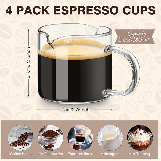 Patelai 4 Pcs 6oz/180ml Espresso Cups, Glass Coffee Cups with Double Spouts & Handle, Clear Espresso Shot Glass Milk Frothed Cup Coffee Accessories for Machines, Milk Frothed, and Bars