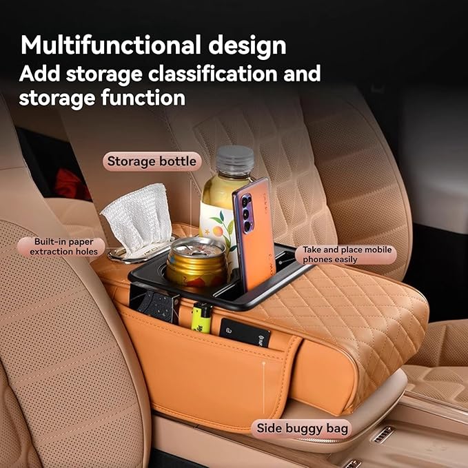 Multifunctional Pu Leather Car Armrest Box Mat, 5-In-1Multifunctional Car Armrest Cushion, Car Arm Rest Cover Pad, Center Console Organizer with Cup Holder, Tissue Box & Phone Slot (Beige)