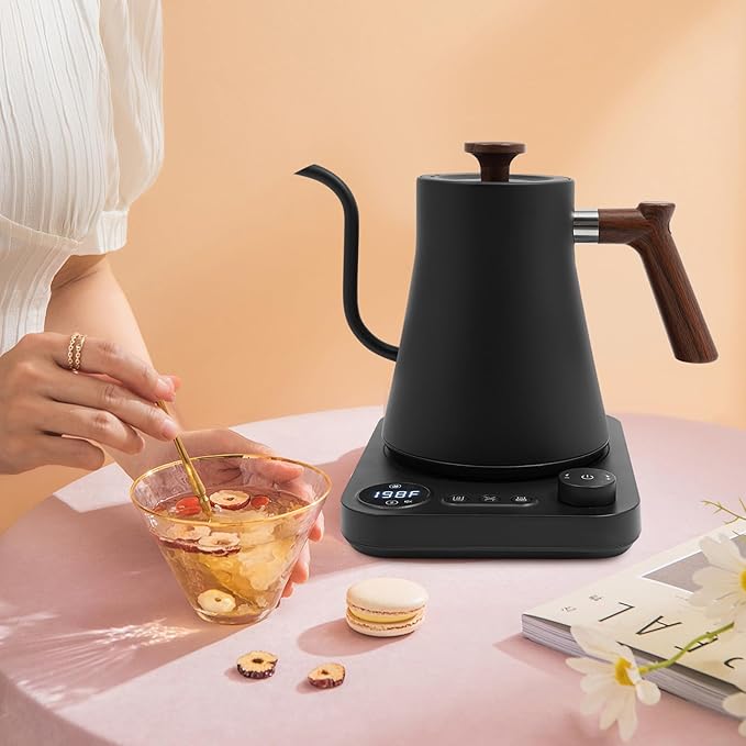 Electric Gooseneck Kettle, 1200W Quick Heating with LED Display, Stainless Steel Inner, Adjustable Temperature, 24H Insulation, Auto Shut Off, for Pour Over Coffee, Tea, French Press (Black)