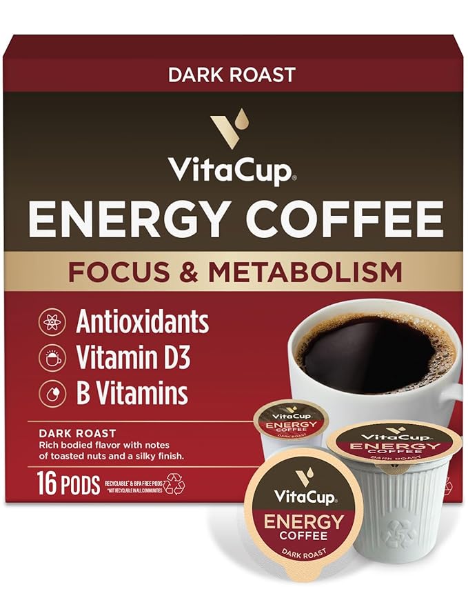 VitaCup Energy Dark Roast Coffee Pods, Boost Focus & Metabolism, Antioxidants, B Vitamins, Bold & Smooth,100% Arabica Coffee, Single Serve Pod Compatible with Keurig K-Cup Brewers,16 Ct