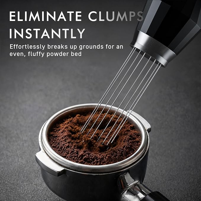 WDT Espresso Distribution Tool Espresso Stirrer Tools for Barista, 0.35mm 8 Needles Espresso Coffee Stirrer with Extra 4 Replaceable Needles, Aluminum Alloy Handle with Stand (Black)