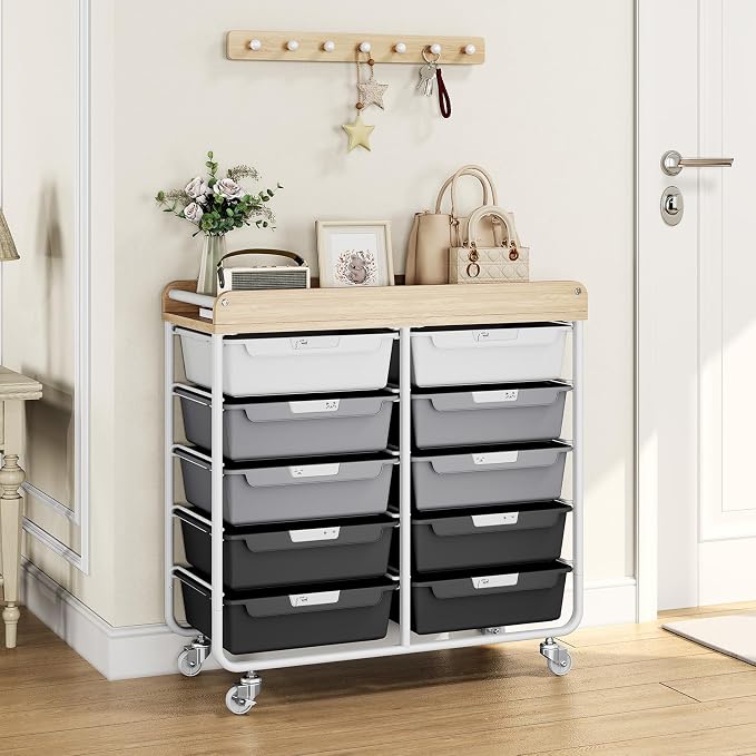 10 Drawers Rolling Cart with Wooden Tabletop, Utility Storage Cart with Wheels, Art Supply Craft Organizer on Wheel with Metal Frame & Handles for Home Office School,Grey