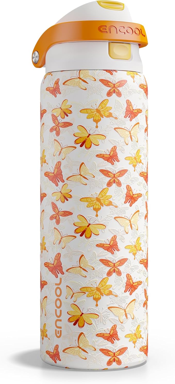 ENCOOL Leakproof Insulated Water Bottle with Straw Dual-Sip Water Bottle Bag-Safe Design for Work, Commute & Gym – Keeps Drinks Cold All Day, 32 oz, Sunset Butterflies