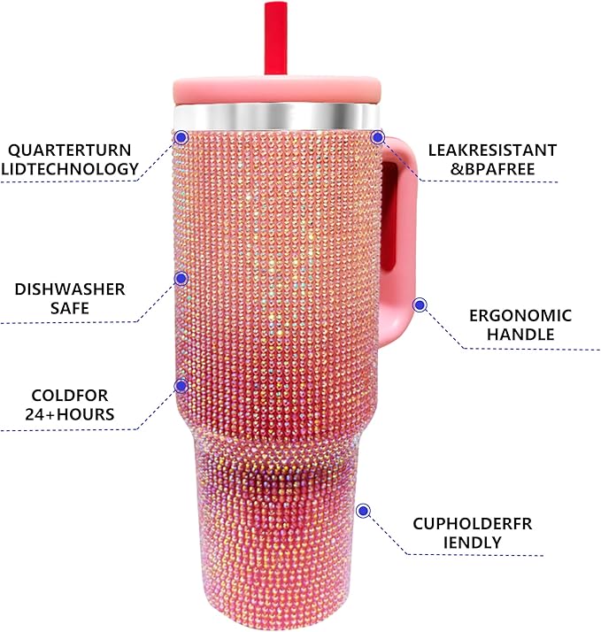 40-OZ Insulated Water Bottle,Insulated Stainless Steel Tumbler,Reusable Cold Drink Thermos,BPA-Free, Double-Wall Stainless Steel Water Bottle (Pink Gradient - Diamond, 40, Fluid Ounces)