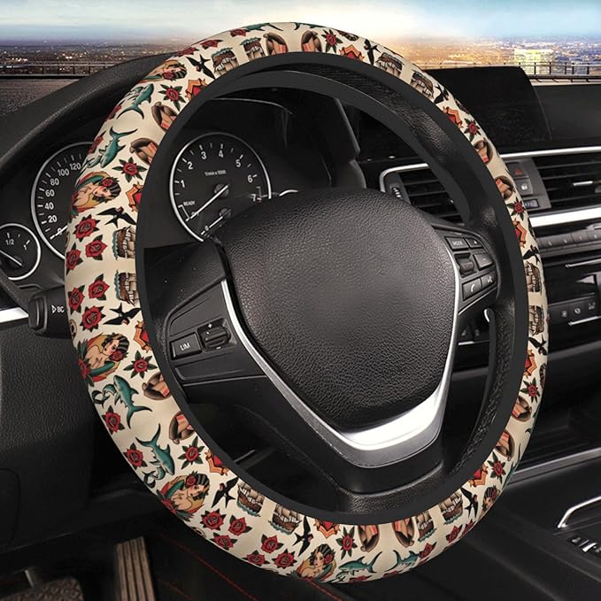 America Traditional Tattoo Car Steering Wheel Cover, 15 Inch Steering Wheel Cover Stylish Decor for Most Cars