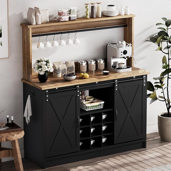 4ever2buy Farmhouse Coffee Bar Cabinet with Storage, 47'' Buffet Cabinet with Hutch and Sliding Barn Door, Coffee Bar with 9 Wine Racks and 6 Hooks for Dining Room, Living Room, Black
