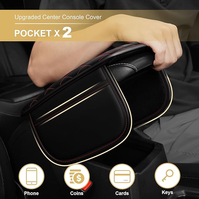 Center Console Cover for Civic: Armrest Cover for Car with 2 Storage Bags - Scratch & Wear Resistant & Waterproof Leather Console Cover,Anti-Scratch Auto Armrest Pad Accessory （Black&Red